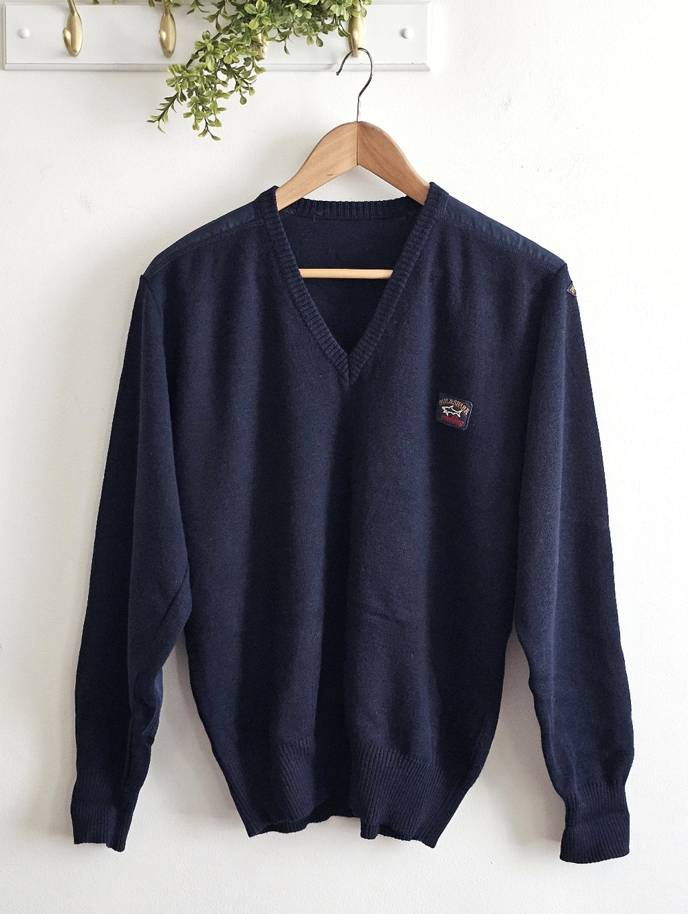 Paul & Shark Yachting Wool Sweater Navy V-Neck Elbow Patch Men Medium